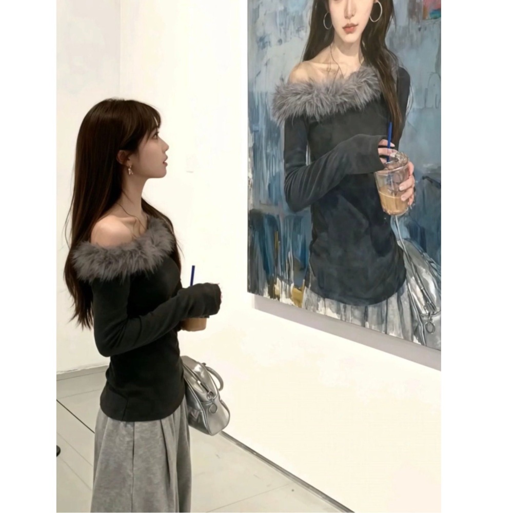 Fur collar bottoming shirt gray T-shirt for women