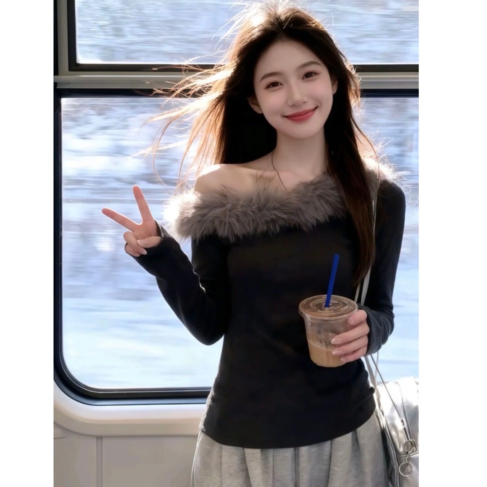 Fur collar bottoming shirt gray T-shirt for women