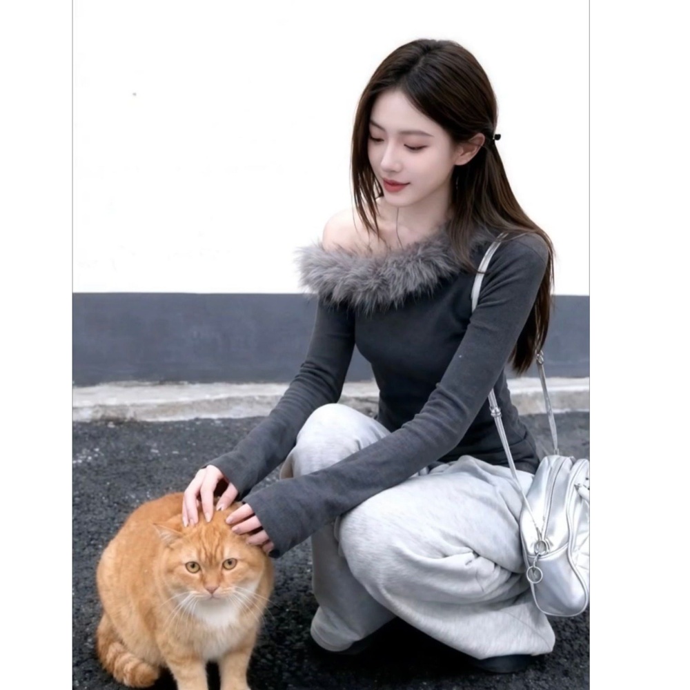Fur collar bottoming shirt gray T-shirt for women