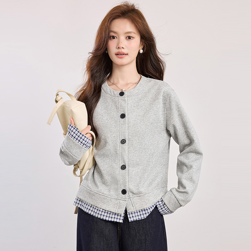 Round neck spring shirts plaid loose coat for women