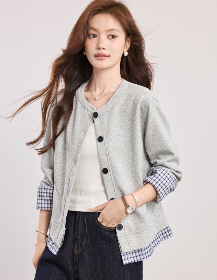 Round neck spring shirts plaid loose coat for women