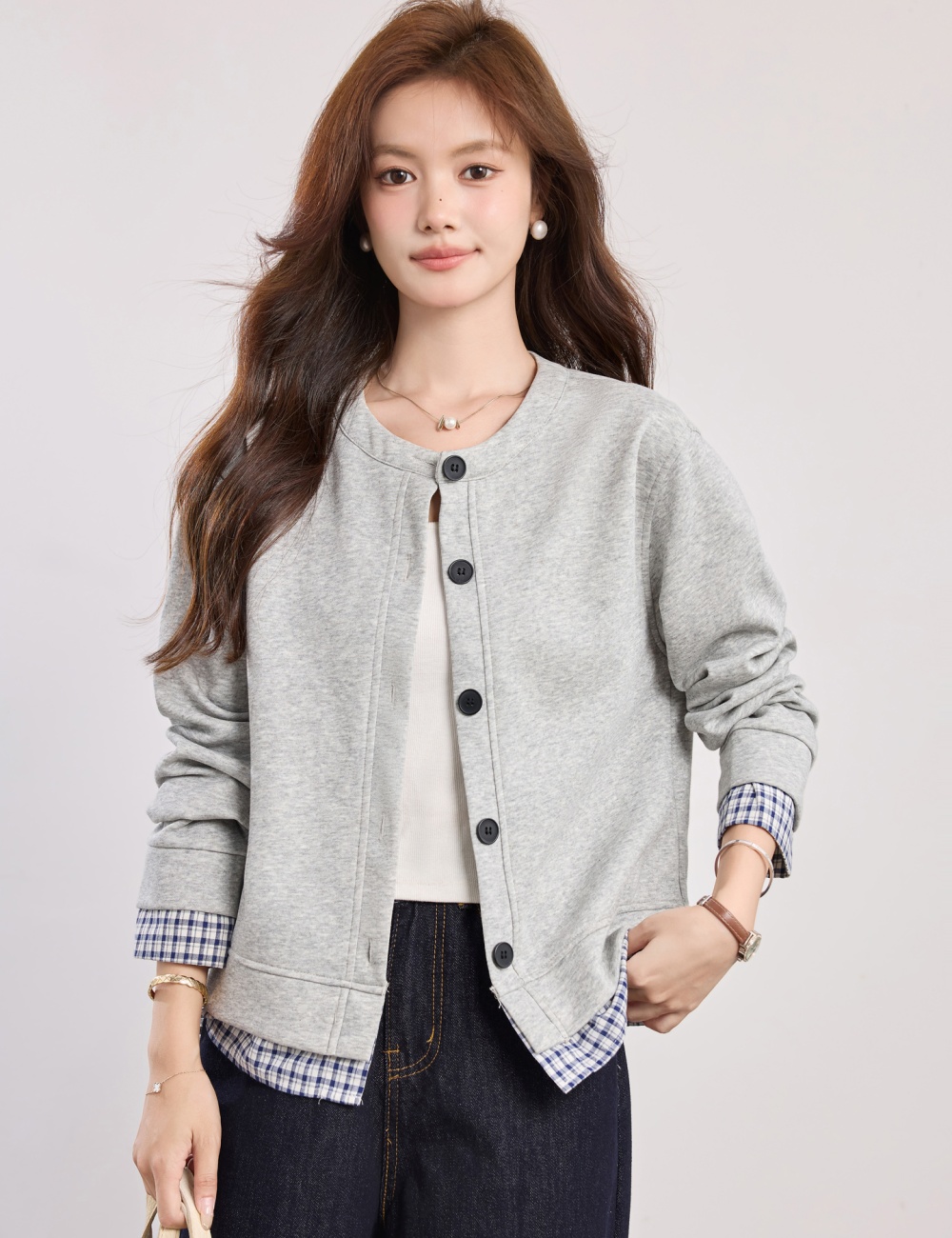 Round neck spring shirts plaid loose coat for women