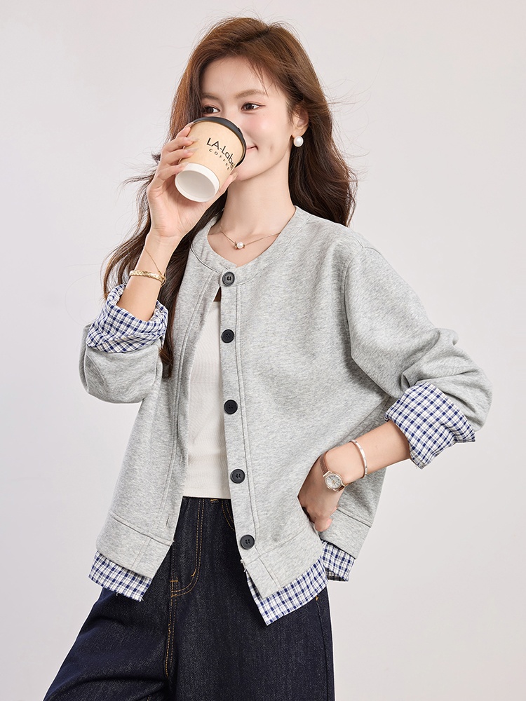 Round neck spring shirts plaid loose coat for women