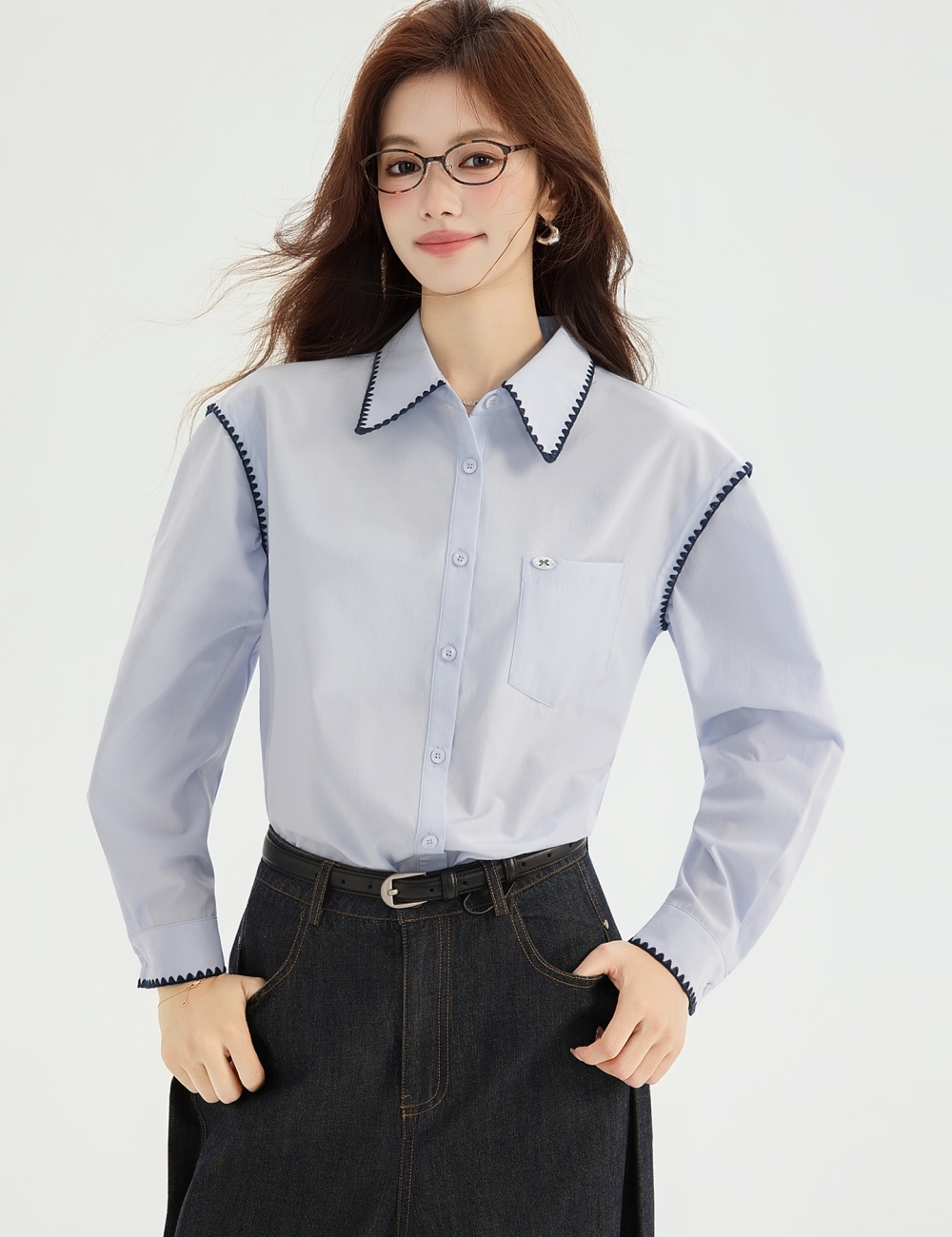 Spring France style shirt light-blue long sleeve tops