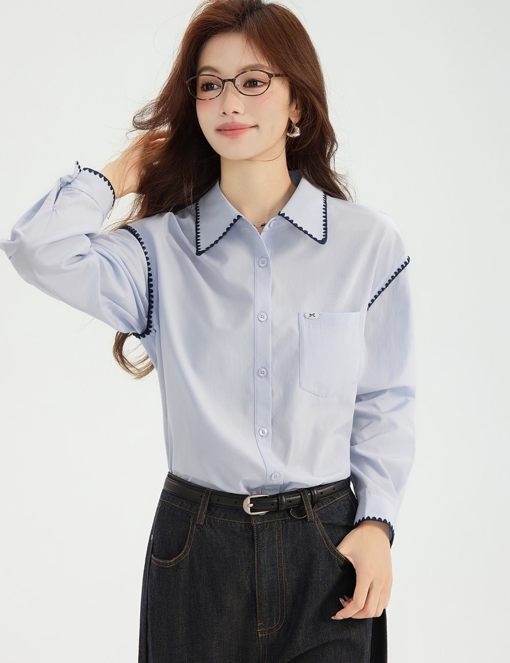 Spring France style shirt light-blue long sleeve tops