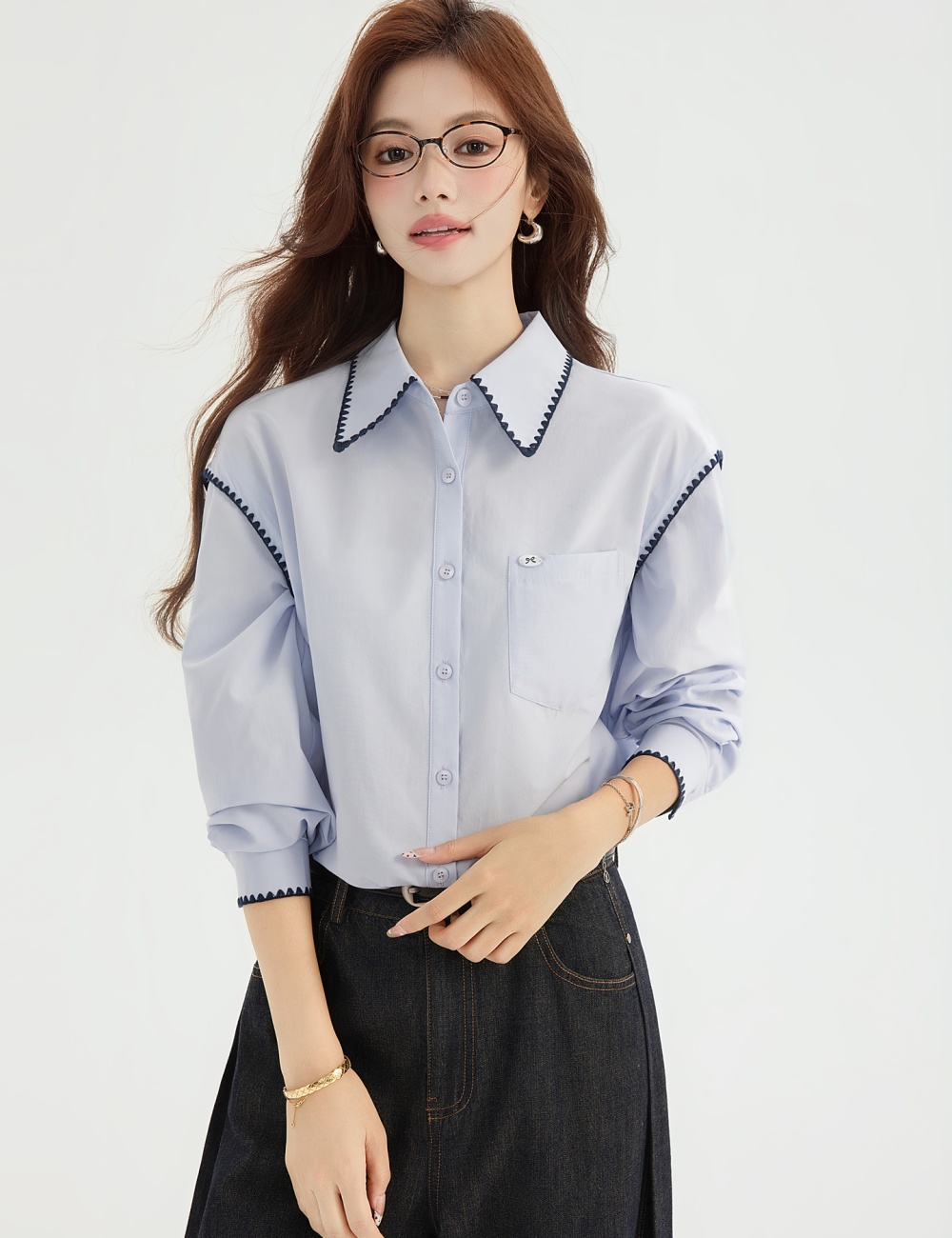 Spring France style shirt light-blue long sleeve tops