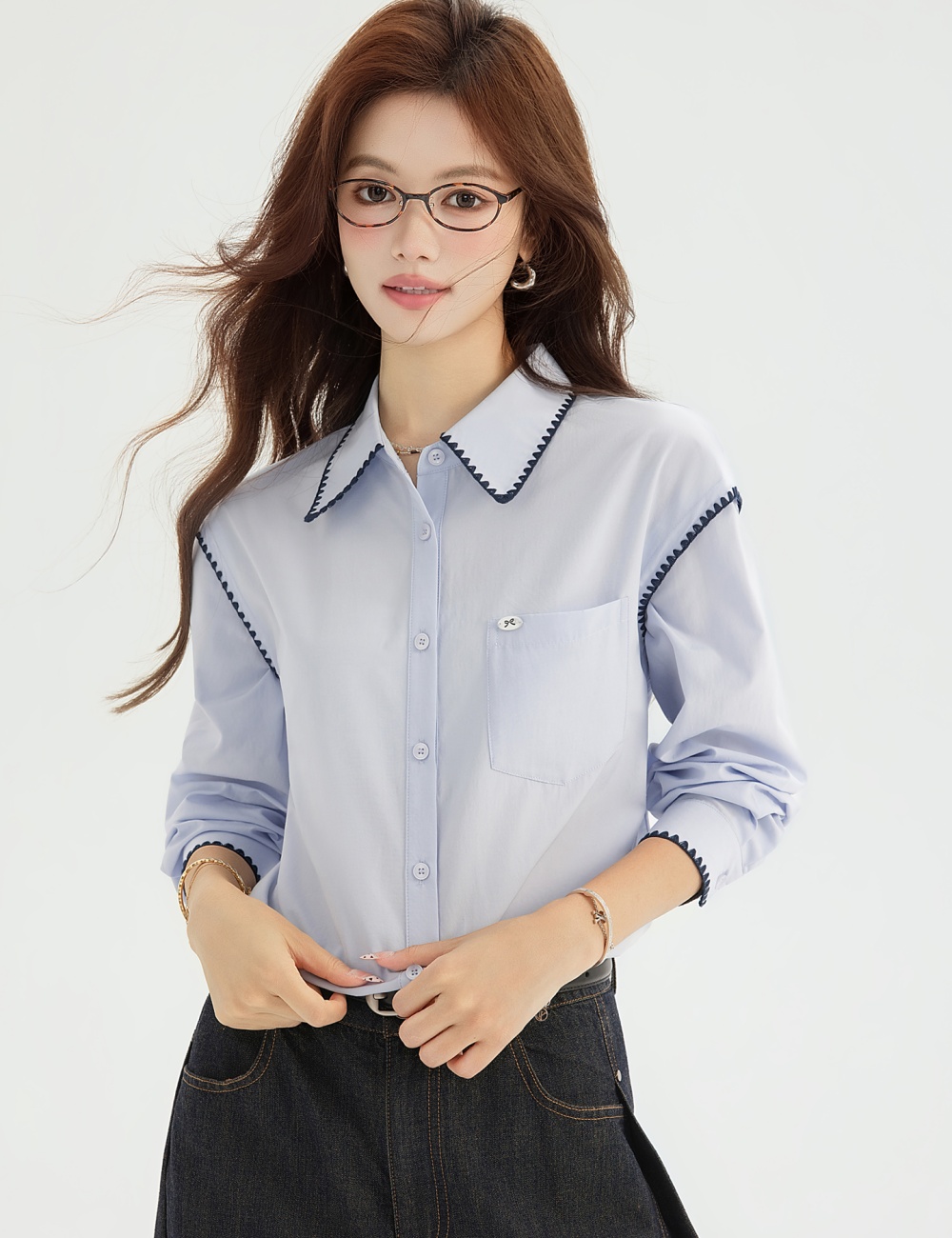 Spring France style shirt light-blue long sleeve tops