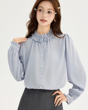 Long sleeve France style spring tops chiffon drape shirt