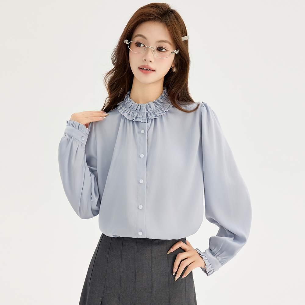 Long sleeve France style spring tops chiffon drape shirt