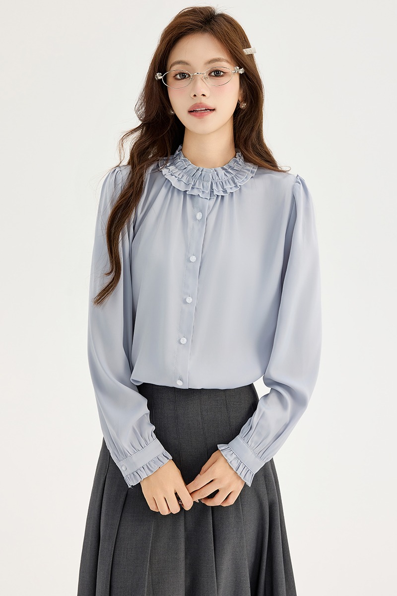 Long sleeve France style spring tops chiffon drape shirt
