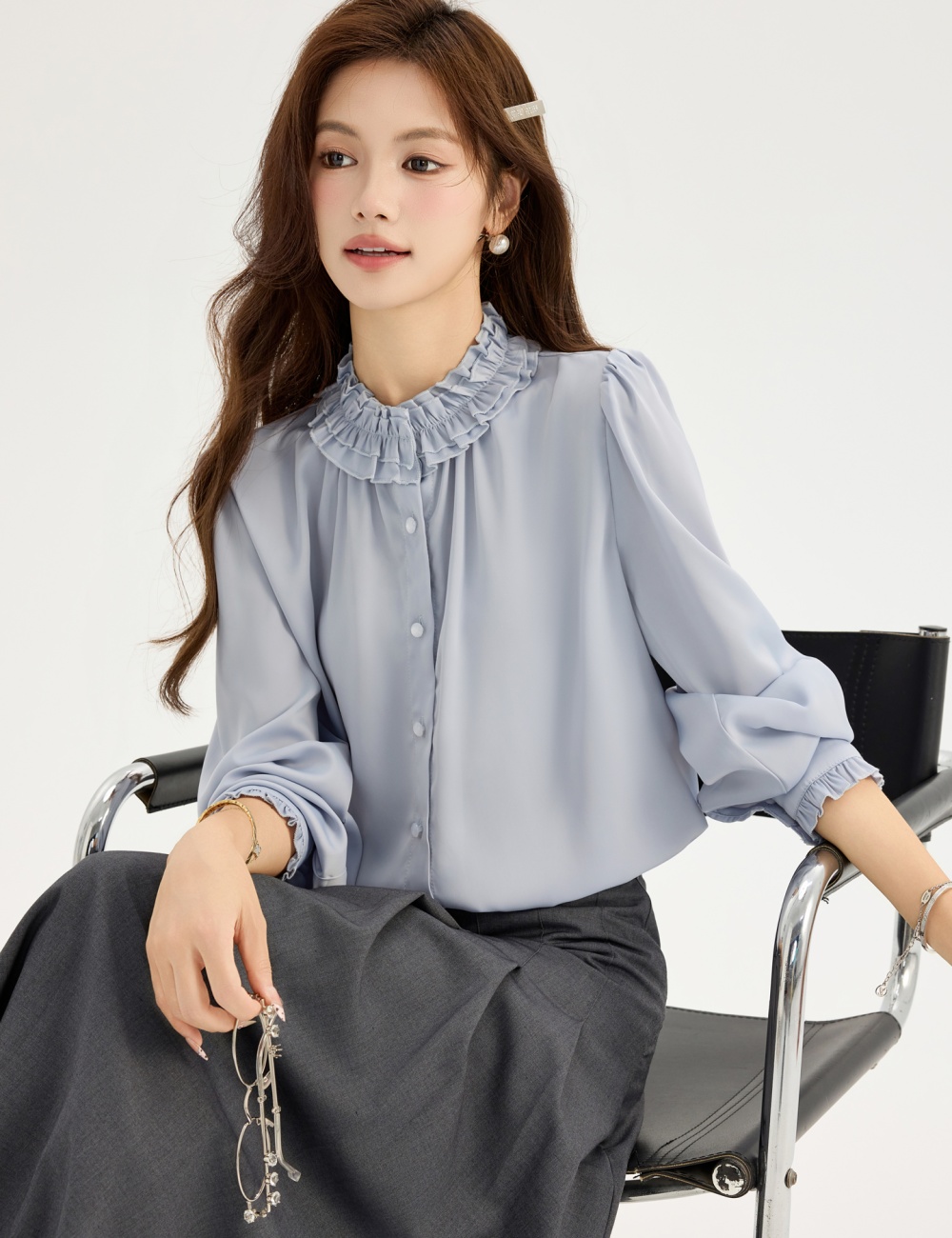 Long sleeve France style spring tops chiffon drape shirt