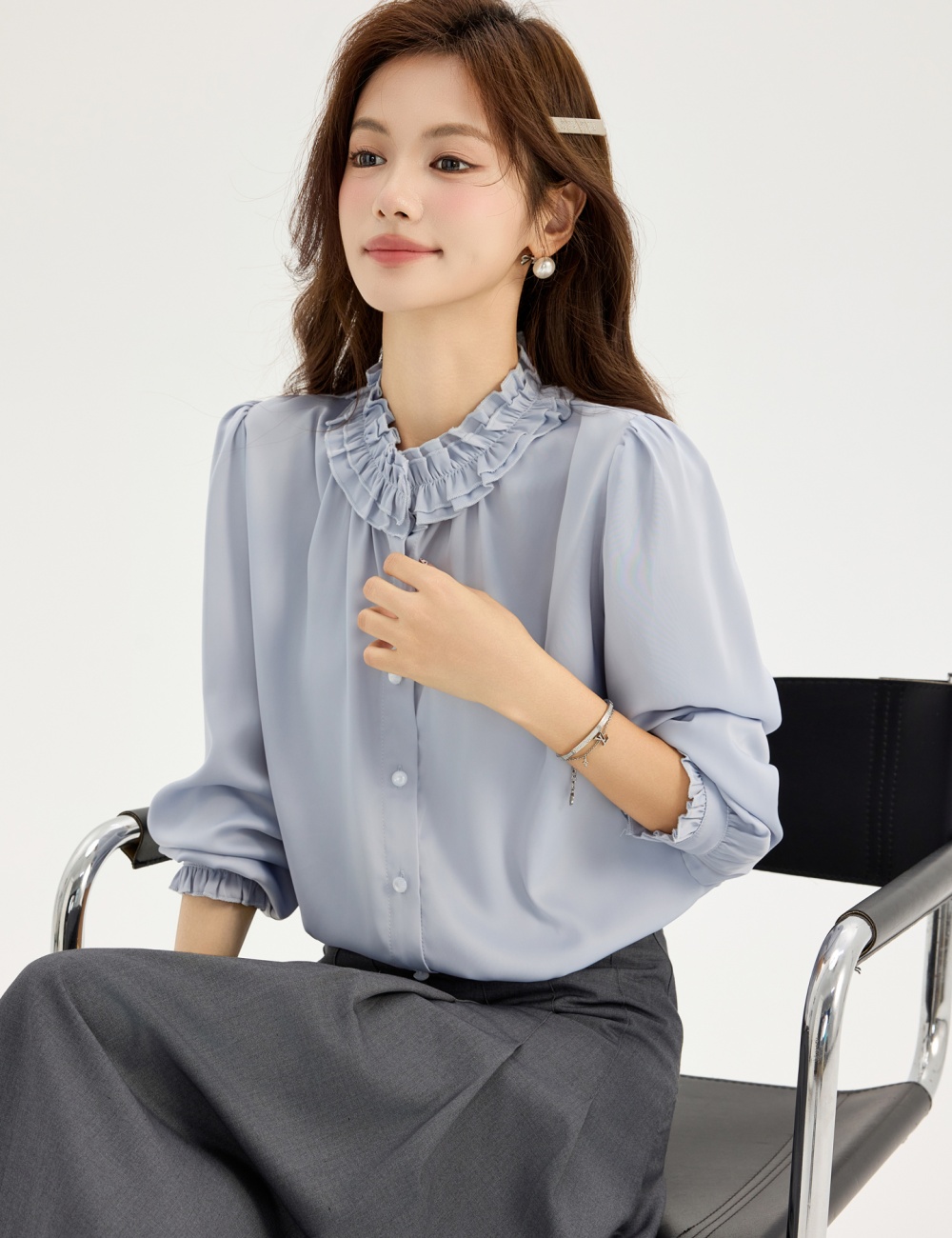 Long sleeve France style spring tops chiffon drape shirt