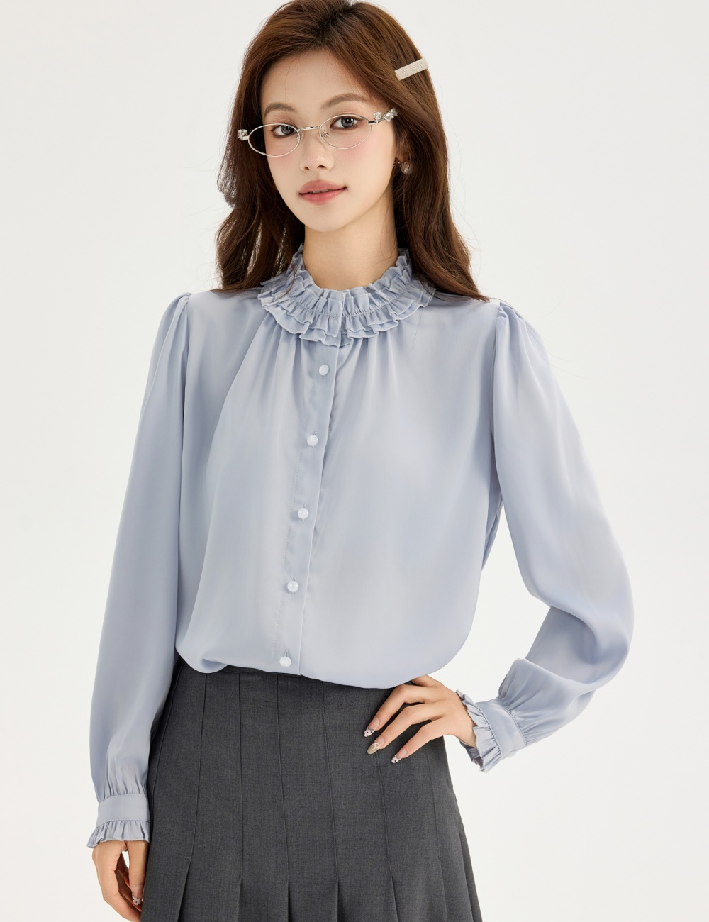 Long sleeve France style spring tops chiffon drape shirt
