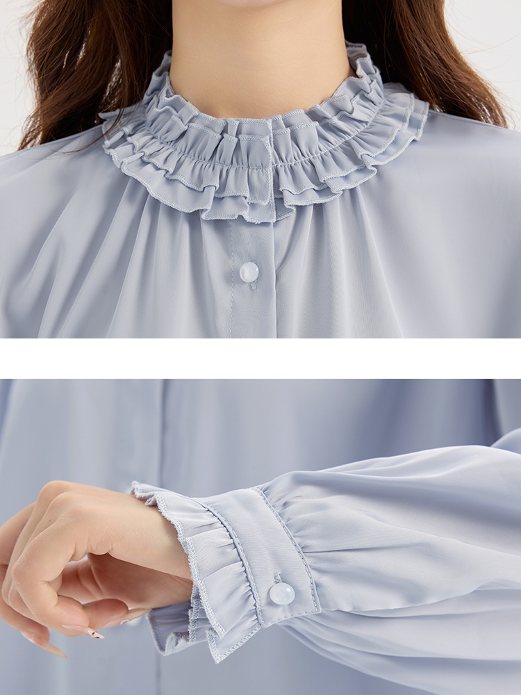 Long sleeve France style spring tops chiffon drape shirt