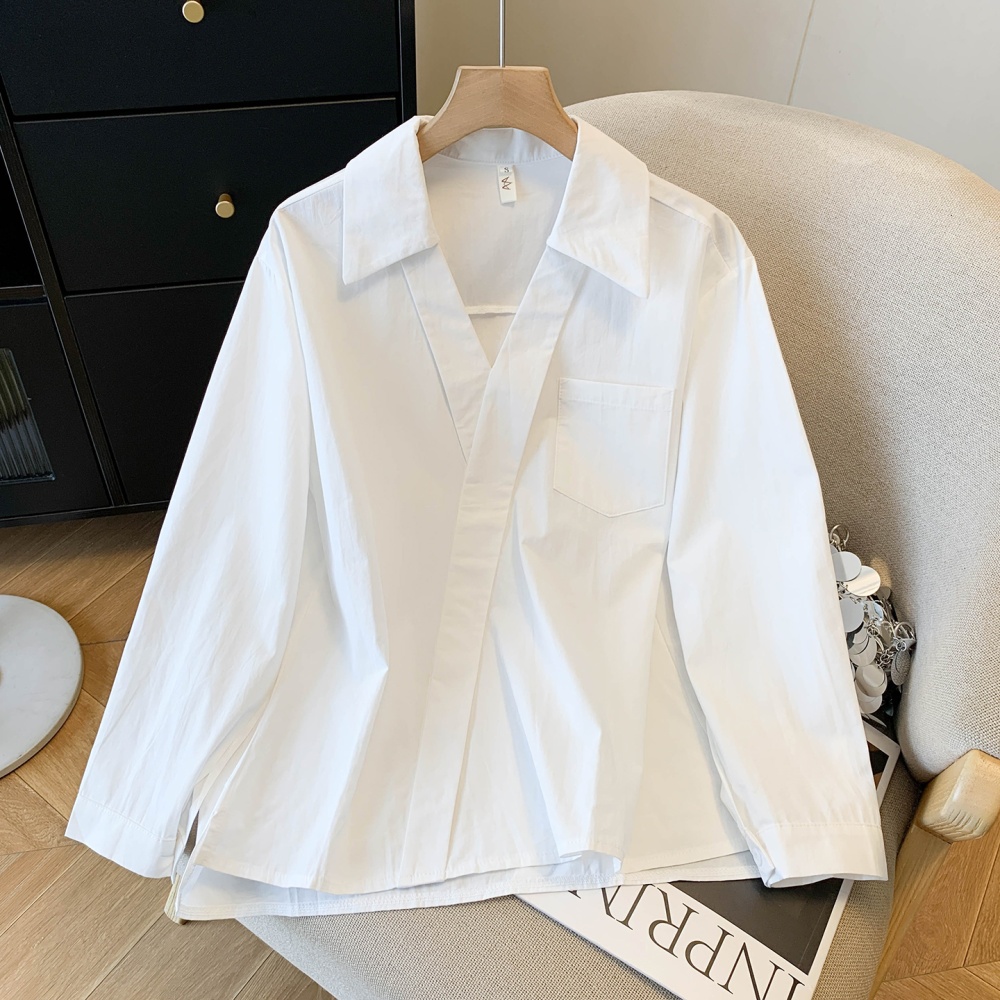 Profession commuting white shirt V-neck lantern sleeve spring tops