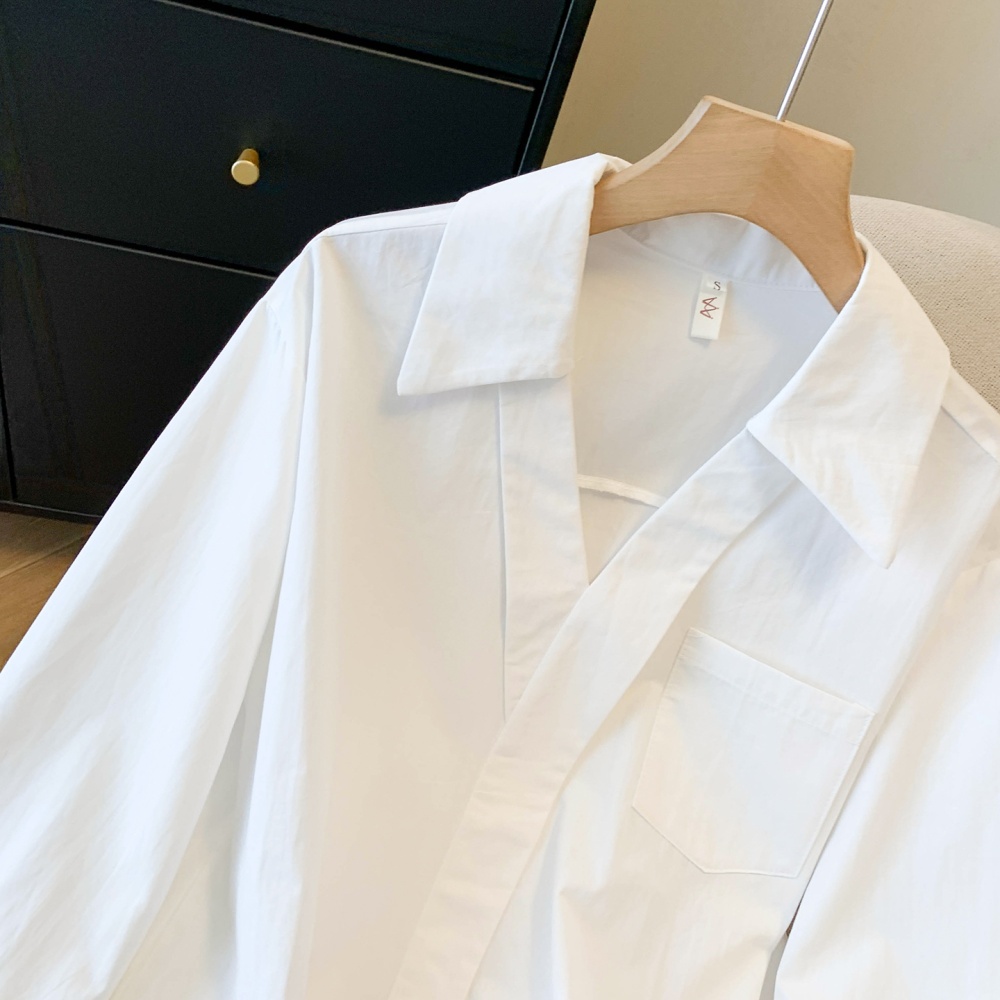 Profession commuting white shirt V-neck lantern sleeve spring tops