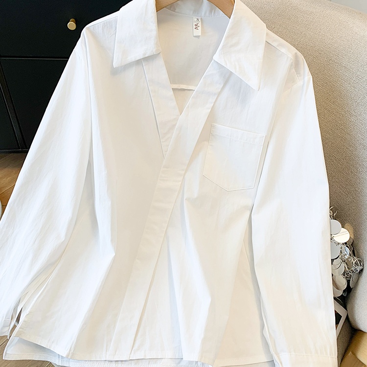 Profession commuting white shirt V-neck lantern sleeve spring tops