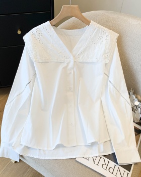 Long sleeve France style large lapel shirt loose slim lace tops