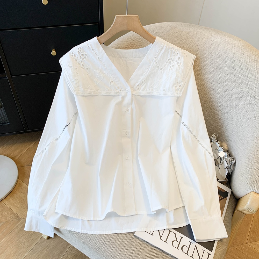 Long sleeve France style large lapel shirt loose slim lace tops