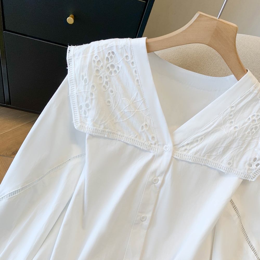 Long sleeve France style large lapel shirt loose slim lace tops