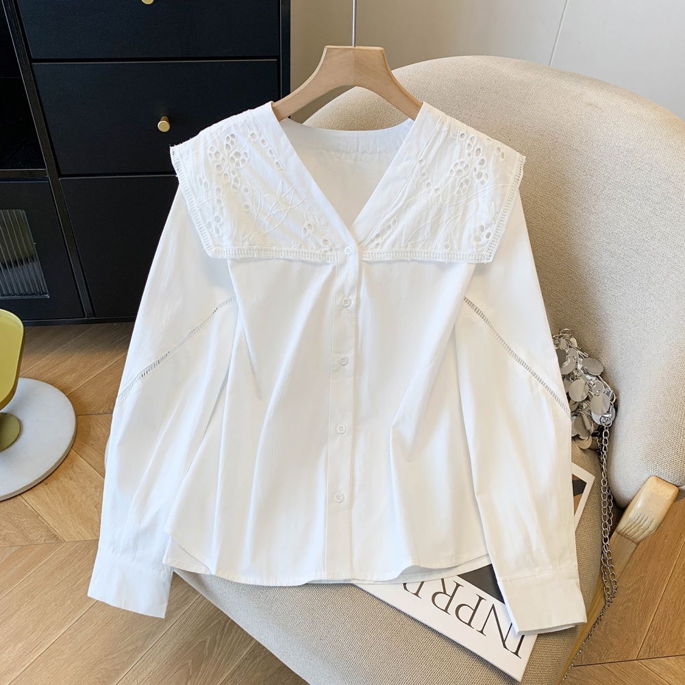 Long sleeve France style large lapel shirt loose slim lace tops