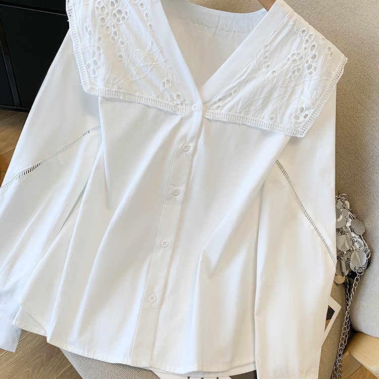 Long sleeve France style large lapel shirt loose slim lace tops