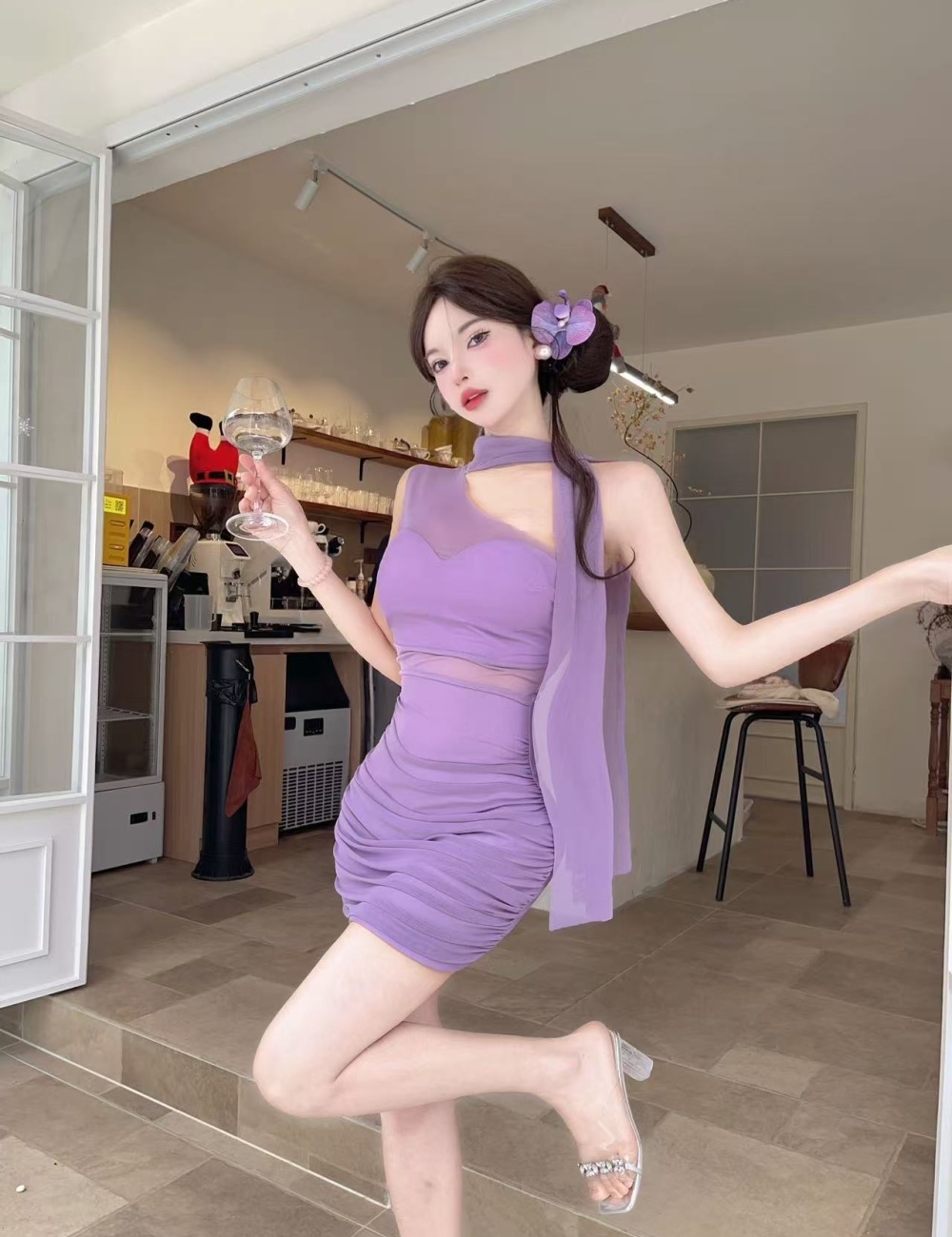 Low-cut package hip strapless gauze bottoming dress