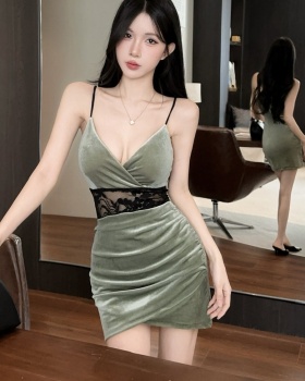 Bottoming golden velvet package hip sling short elasticity dress