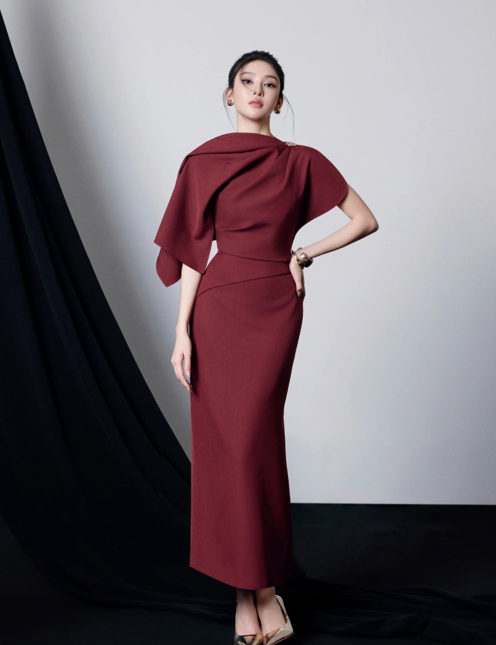 Wine-red niche metal buckles long dress slim temperament dress
