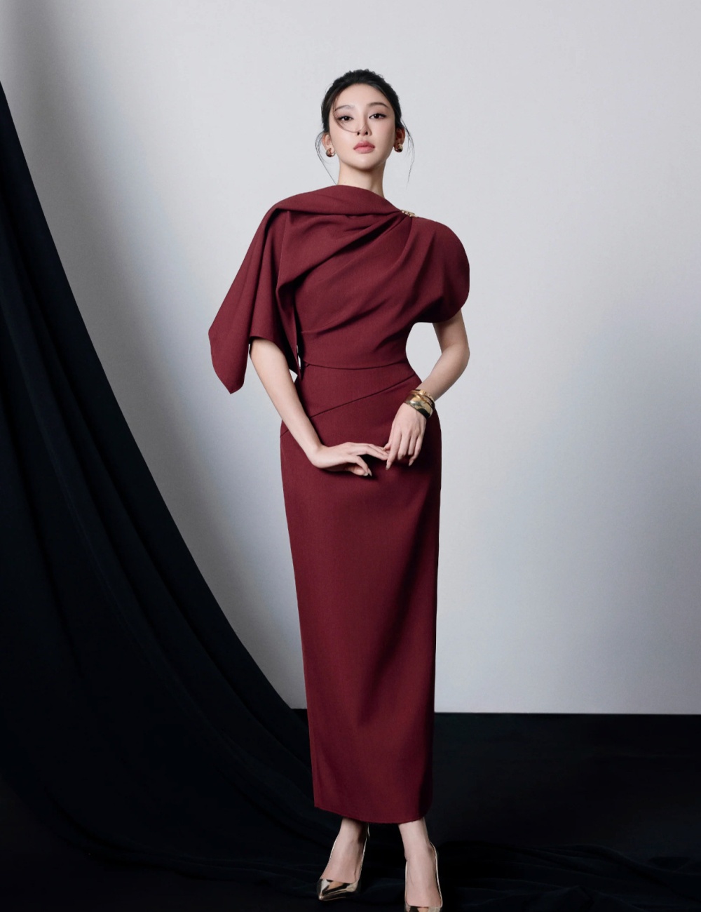Wine-red niche metal buckles long dress slim temperament dress