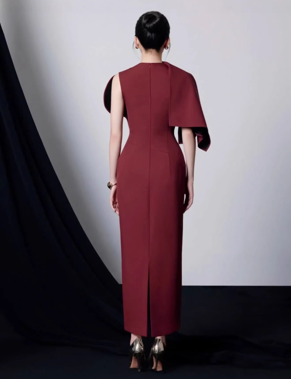 Wine-red niche metal buckles long dress slim temperament dress