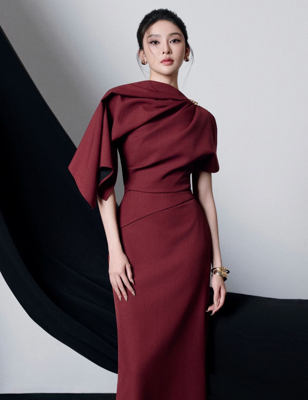 Wine-red niche metal buckles long dress slim temperament dress