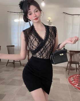 Lace package hip sexy splice bottoming short sleeve dress