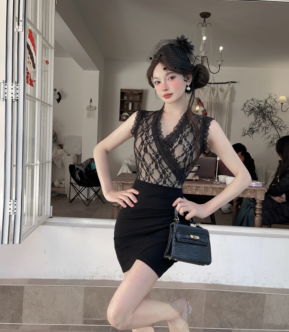 Lace package hip sexy splice bottoming short sleeve dress
