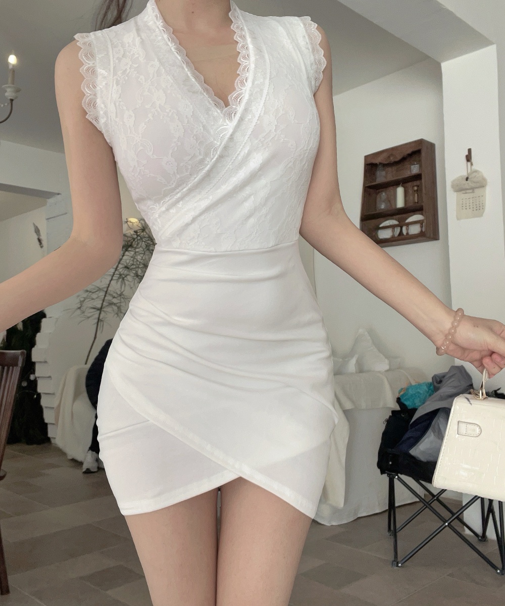 Lace package hip sexy splice bottoming short sleeve dress
