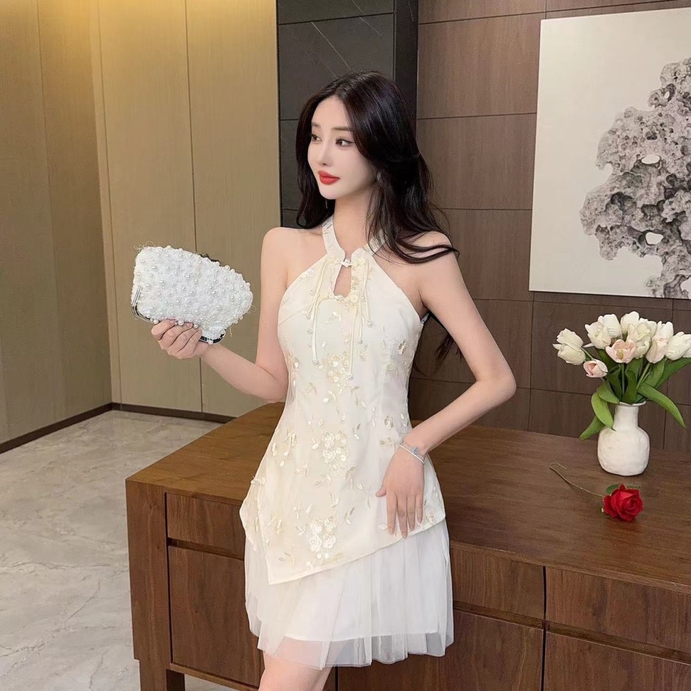 Splice gauze strapless embroidered low-cut dress