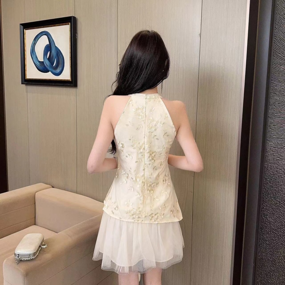 Splice gauze strapless embroidered low-cut dress