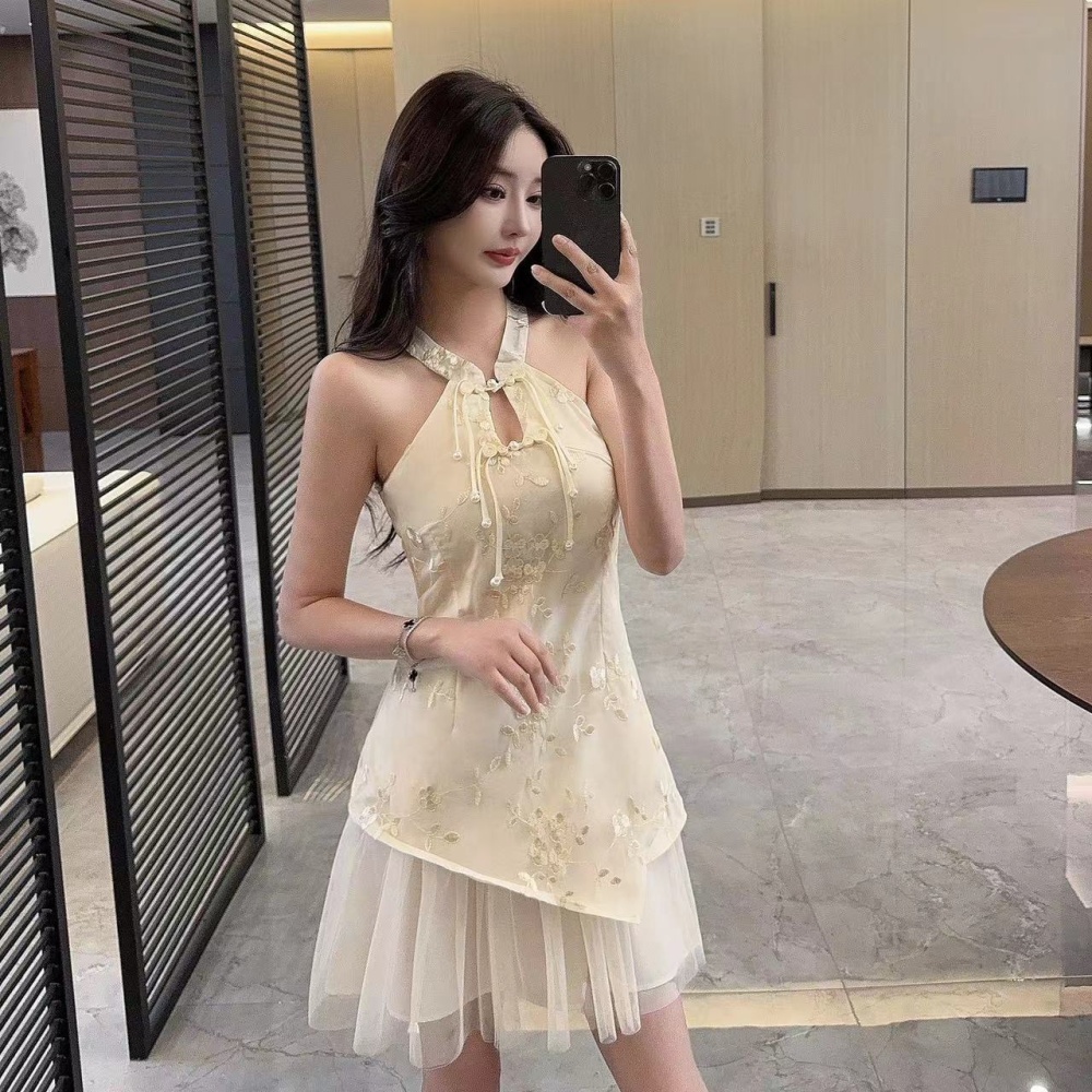 Splice gauze strapless embroidered low-cut dress