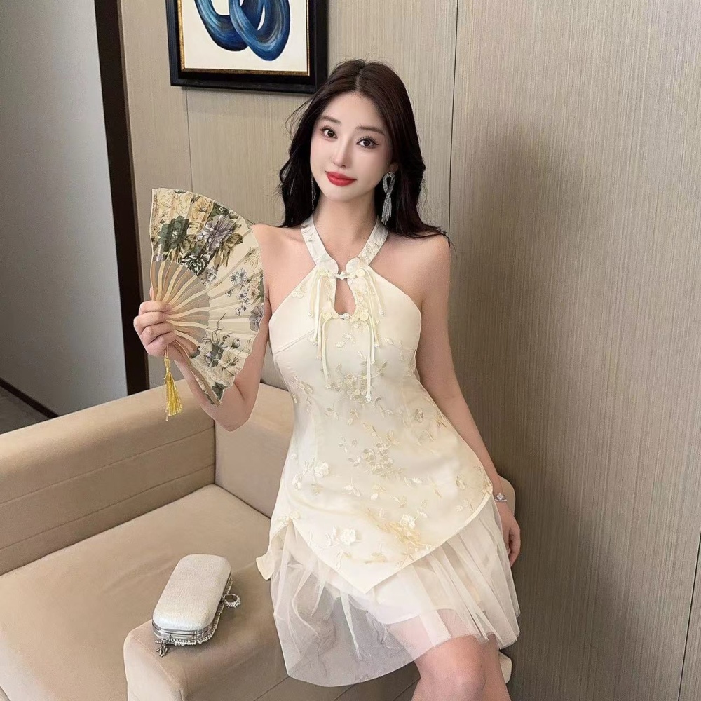 Splice gauze strapless embroidered low-cut dress