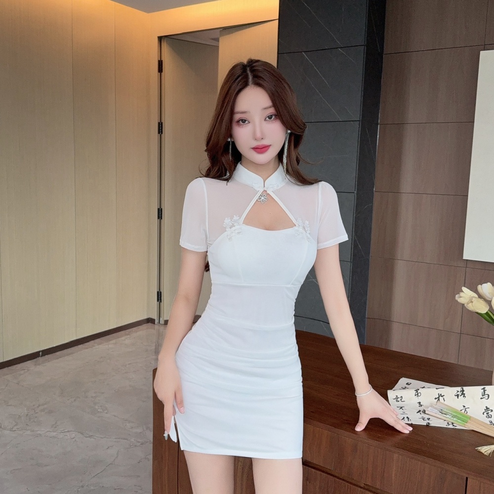 Bottoming short sexy splice short sleeve gauze dress