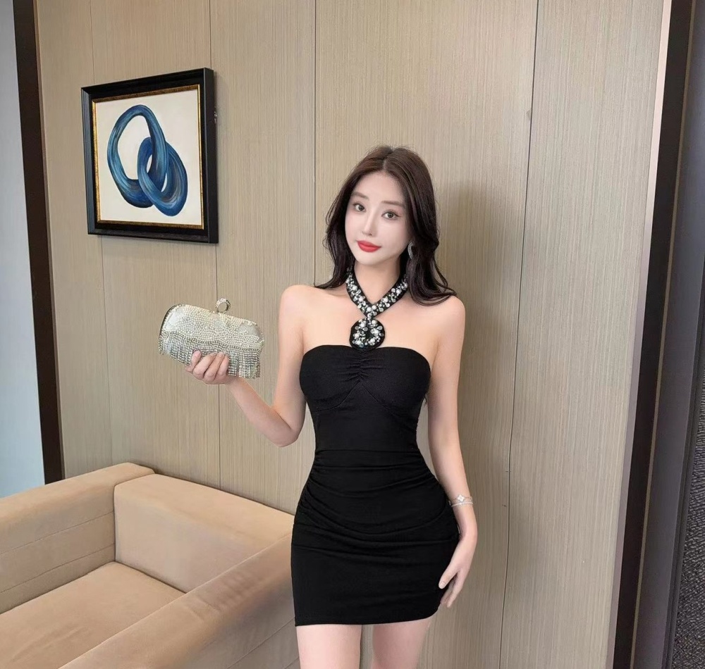 Halter low-cut tight short package hip strapless dress