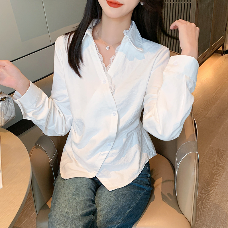 Splice V-neck shirt long sleeve small shirt for women