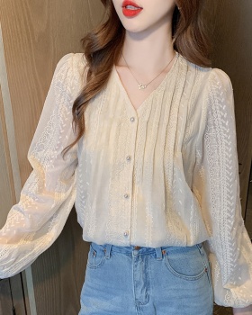 Long sleeve Korean style small shirt loose V-neck tops