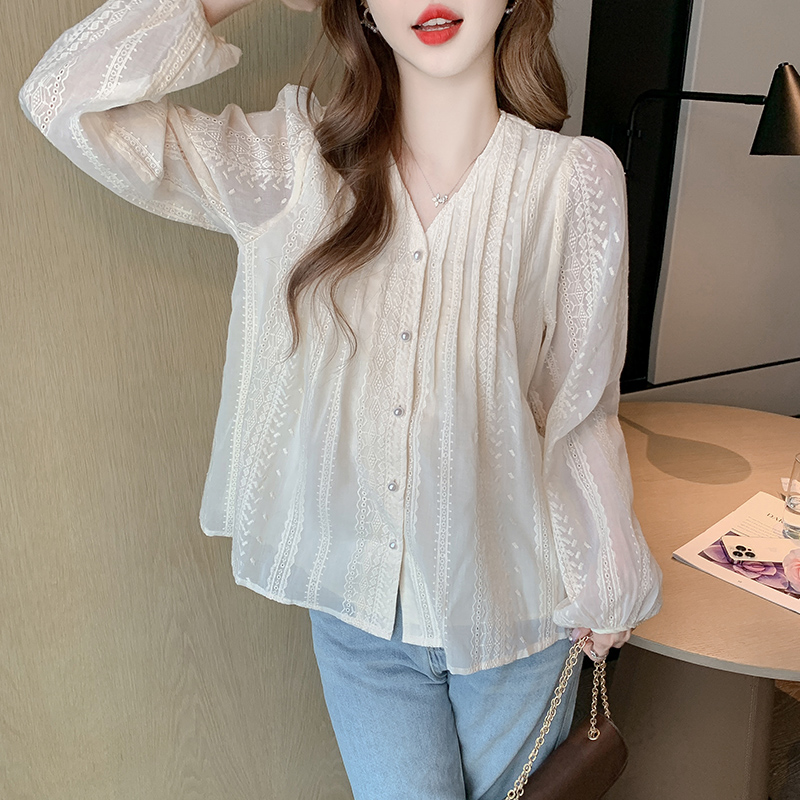 Long sleeve Korean style small shirt loose V-neck tops