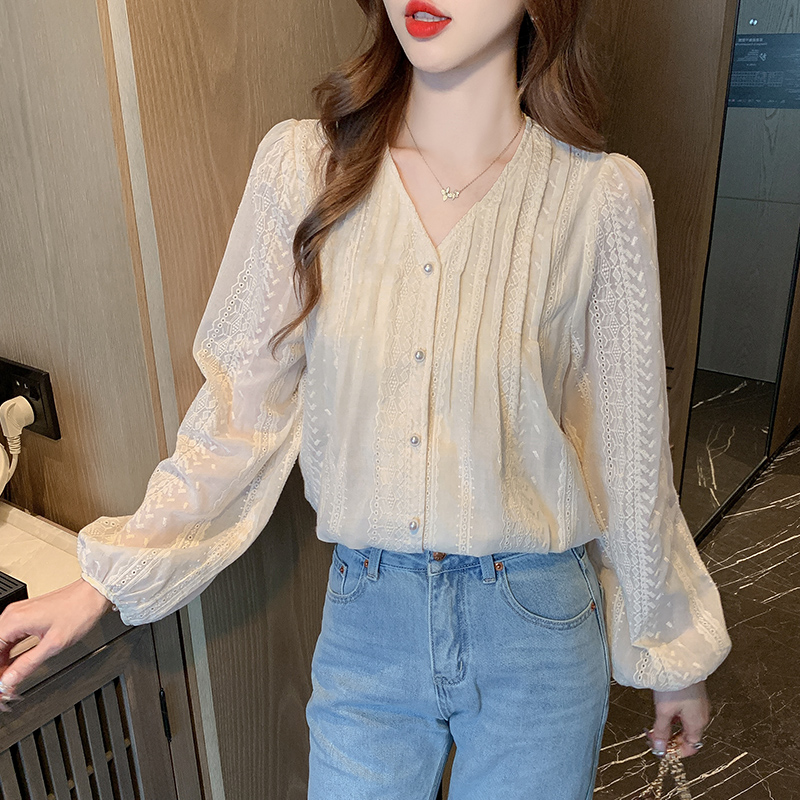 Long sleeve Korean style small shirt loose V-neck tops