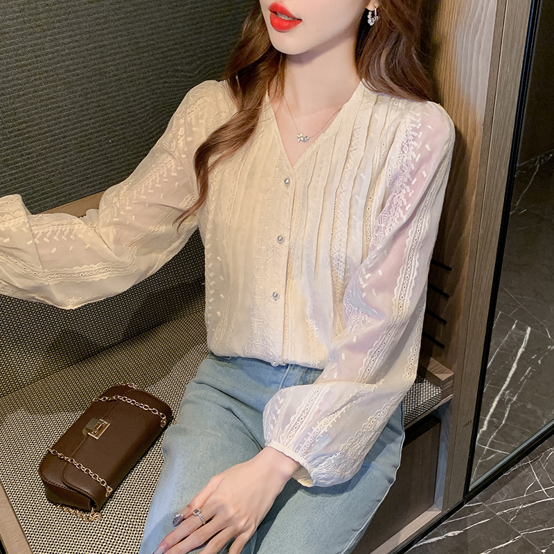 Long sleeve Korean style small shirt loose V-neck tops