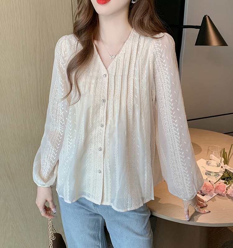 Long sleeve Korean style small shirt loose V-neck tops