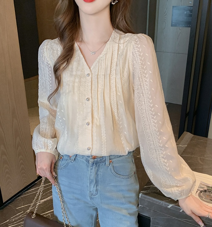 Long sleeve Korean style small shirt loose V-neck tops