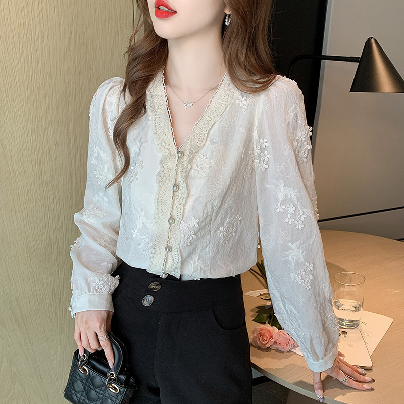 V-neck spring small shirt embroidered shirt for women