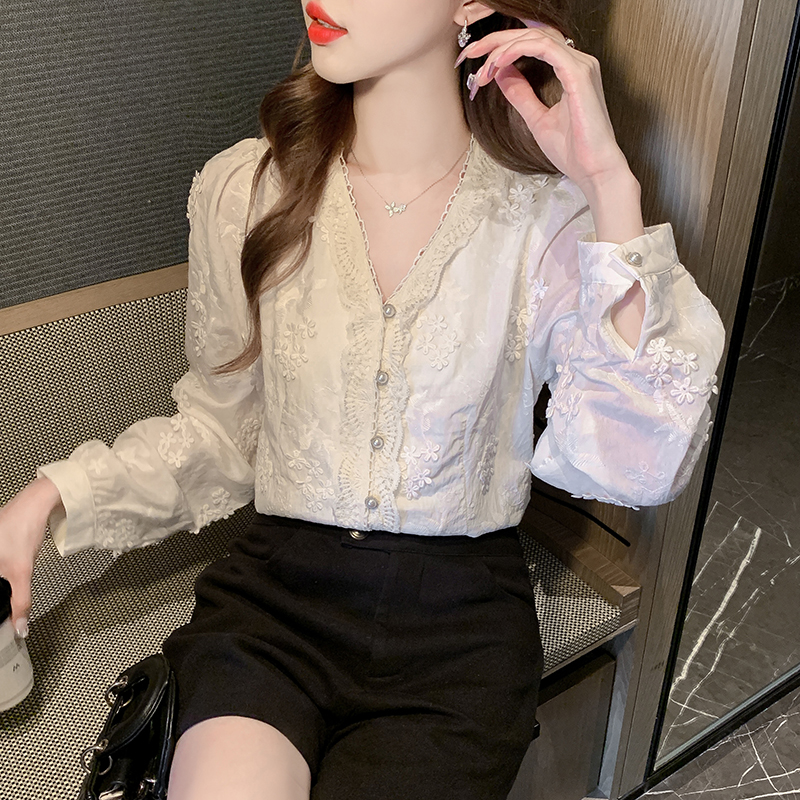 V-neck spring small shirt embroidered shirt for women
